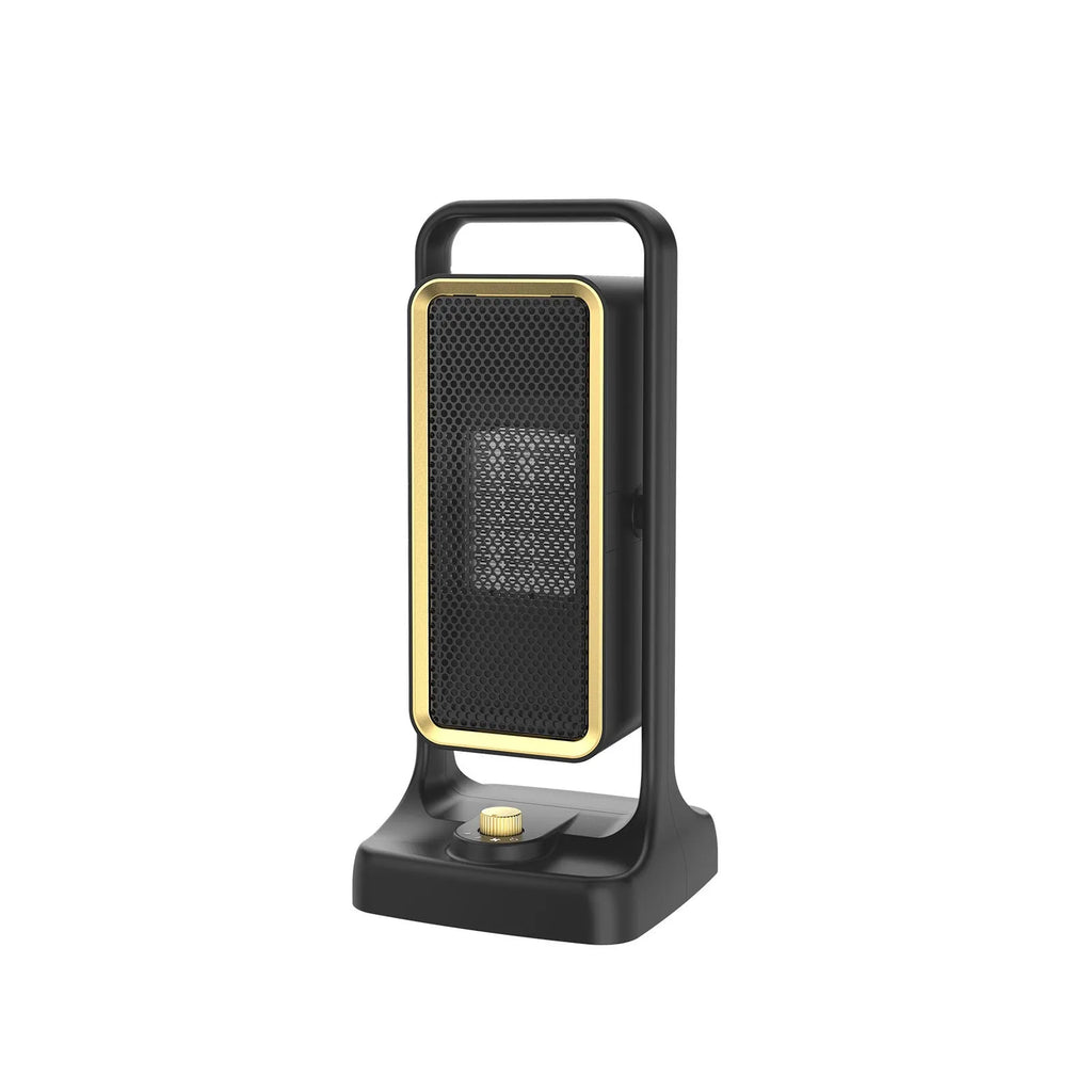 Black PTC ceramic desktop heater with control knob, measuring 14.9cm wide by 33.5cm tall.