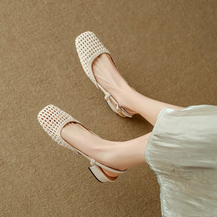 Women's beige woven hollow-out sandals with square toe, buckle, and chunky 4cm heel