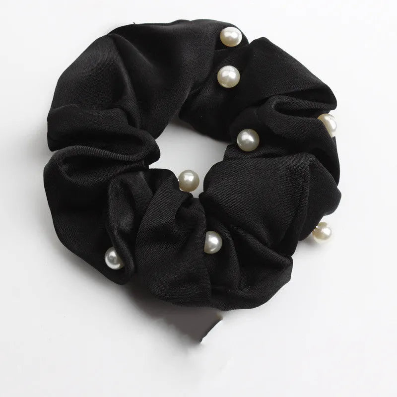 Set of 6 cloth-covered rubber hair rings in black, dark blue, grey, light blue, pink, and red