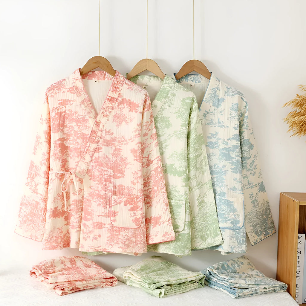 Women's long sleeve cotton gauze lounge suit set in blue frosted pine trees colour.