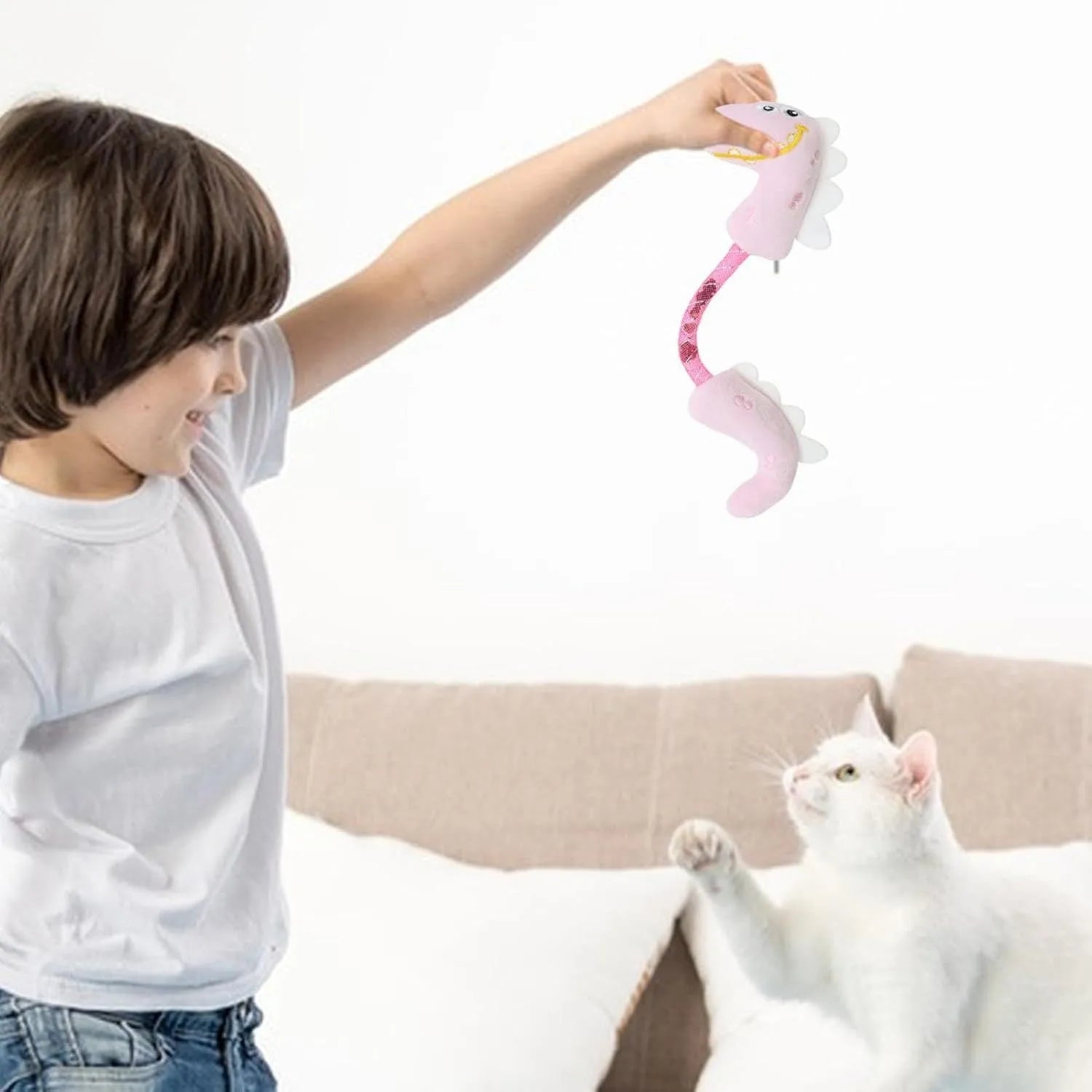 Set of four cat chew toys including rope, fish, mouse, and bunny designs for indoor play