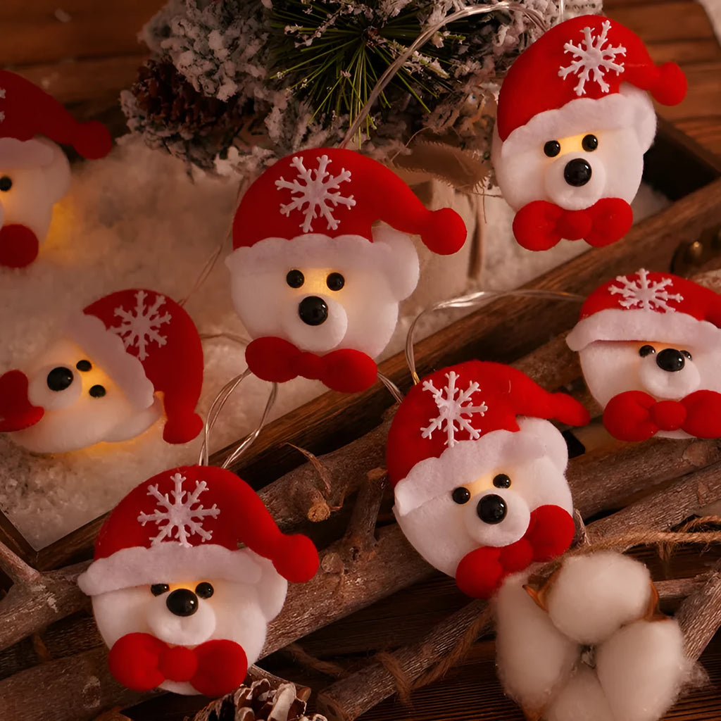 Fabric felt polka dot Christmas LED string lamp with battery power, showing snowflake bear and snowman light colours