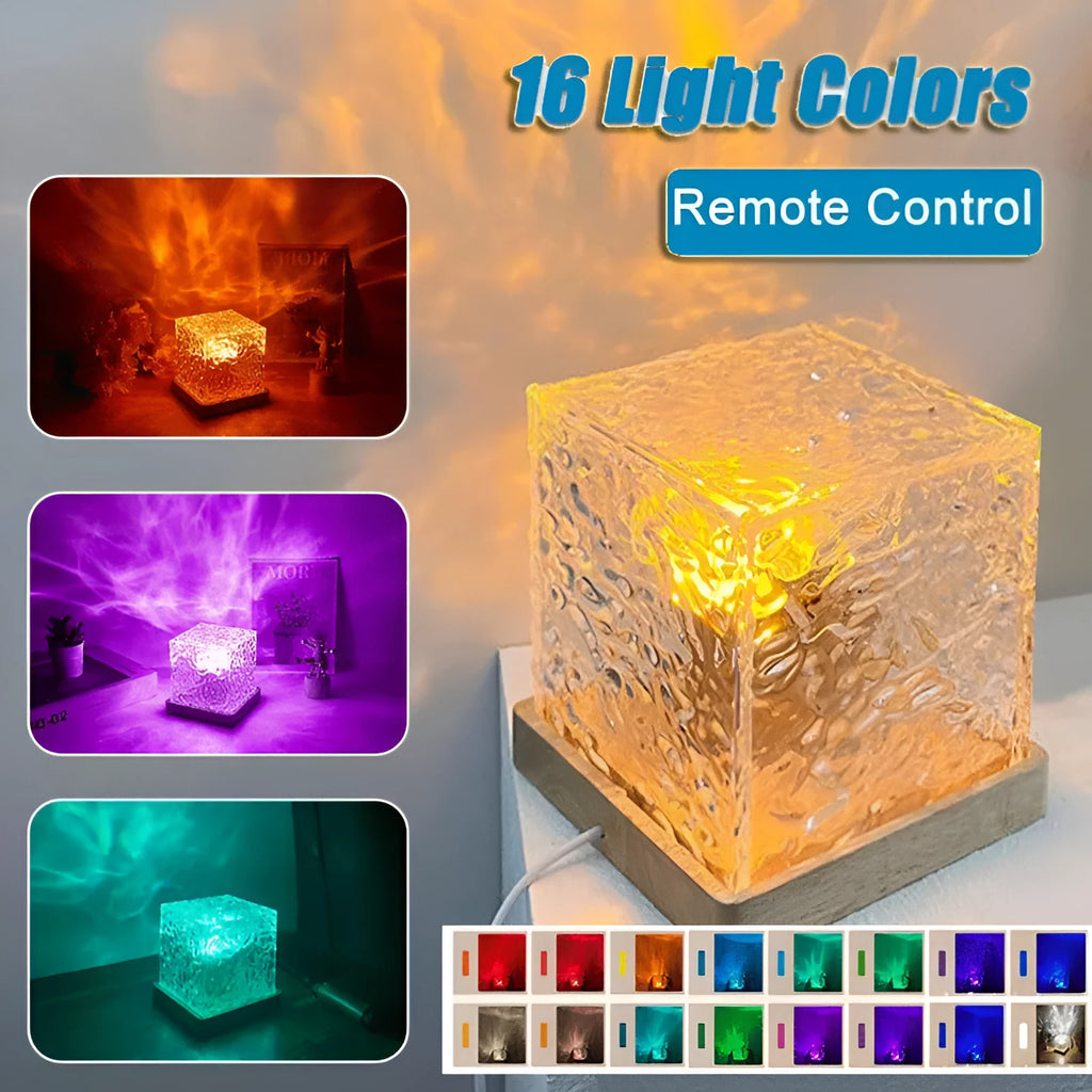 Geometric crystal LED table lamp projecting blue water ripple light patterns on wall with remote control