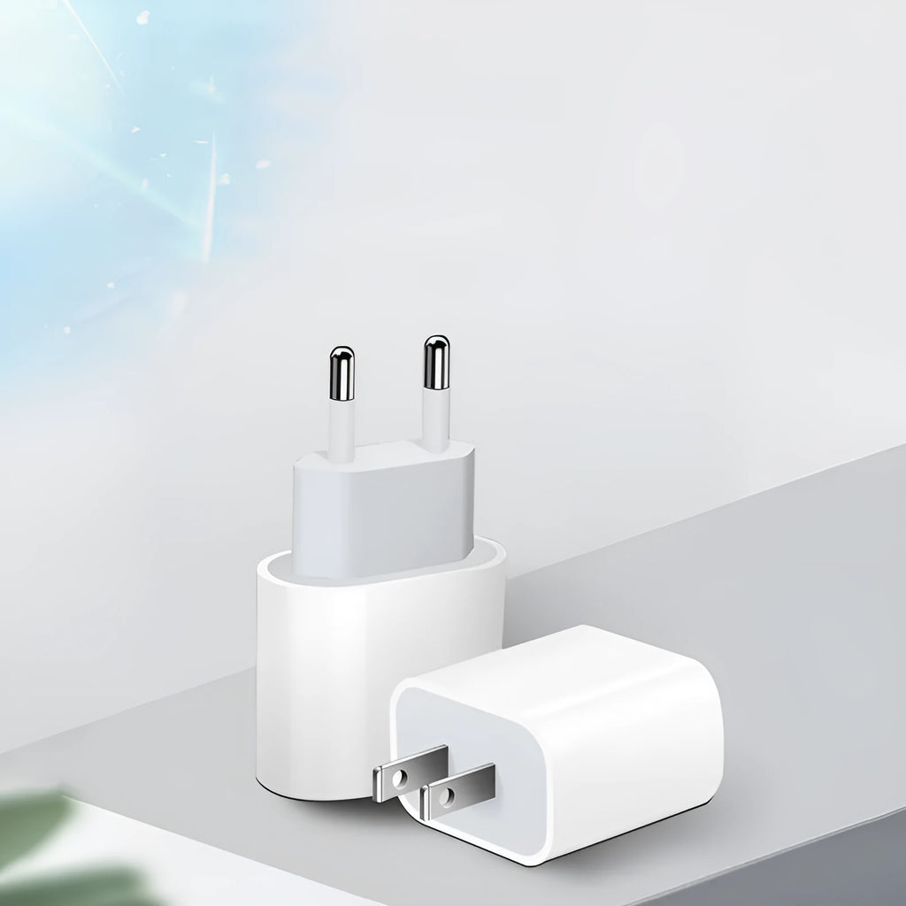 PD20W direct charge mobile phone charger with USB port and choice of US or European plug.