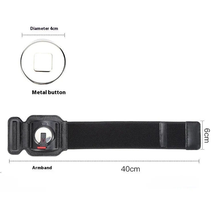 Black mobile phone holder worn on wrist showing smartphone compatibility for delivery and sports use