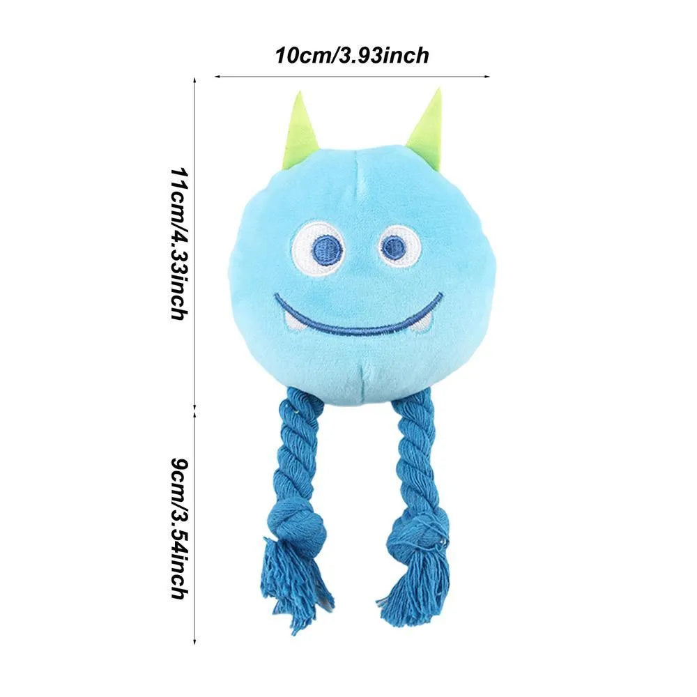 Blue and yellow cartoon dog squeaky toys with strong knot design and cotton rope texture
