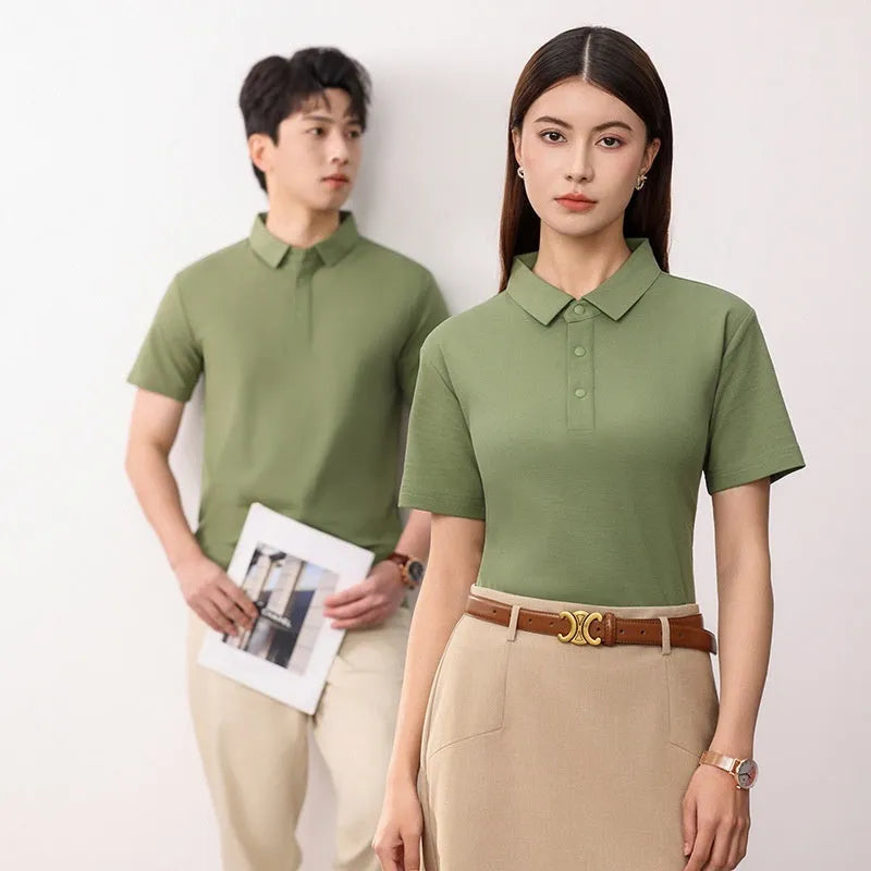 Men's short sleeve business polo shirt in cotton blend fabric with seamless construction, shown in solid colour options