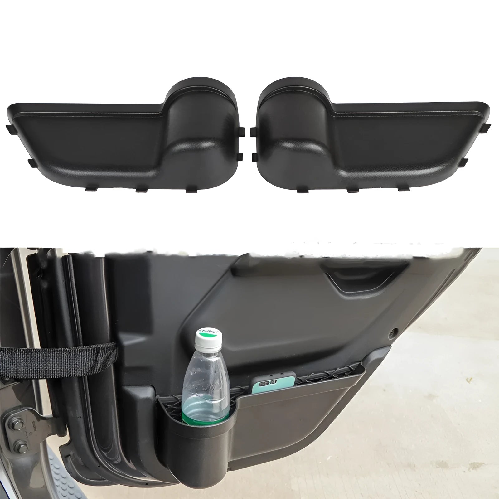 Black ABS plastic door storage box for Jeep Wrangler JK and JL interior door panel.