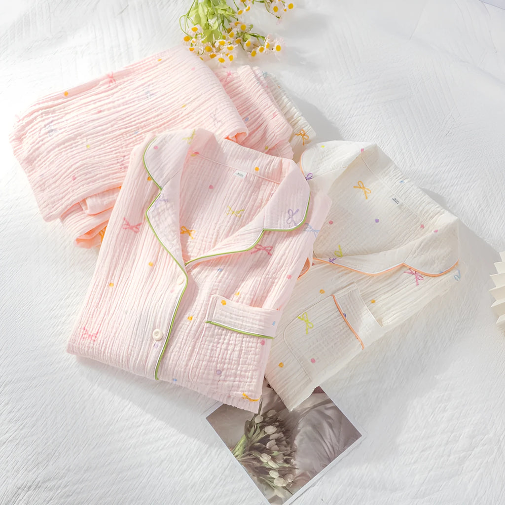 Women's cotton crepe pajama set in pink with long sleeves and full-length trousers