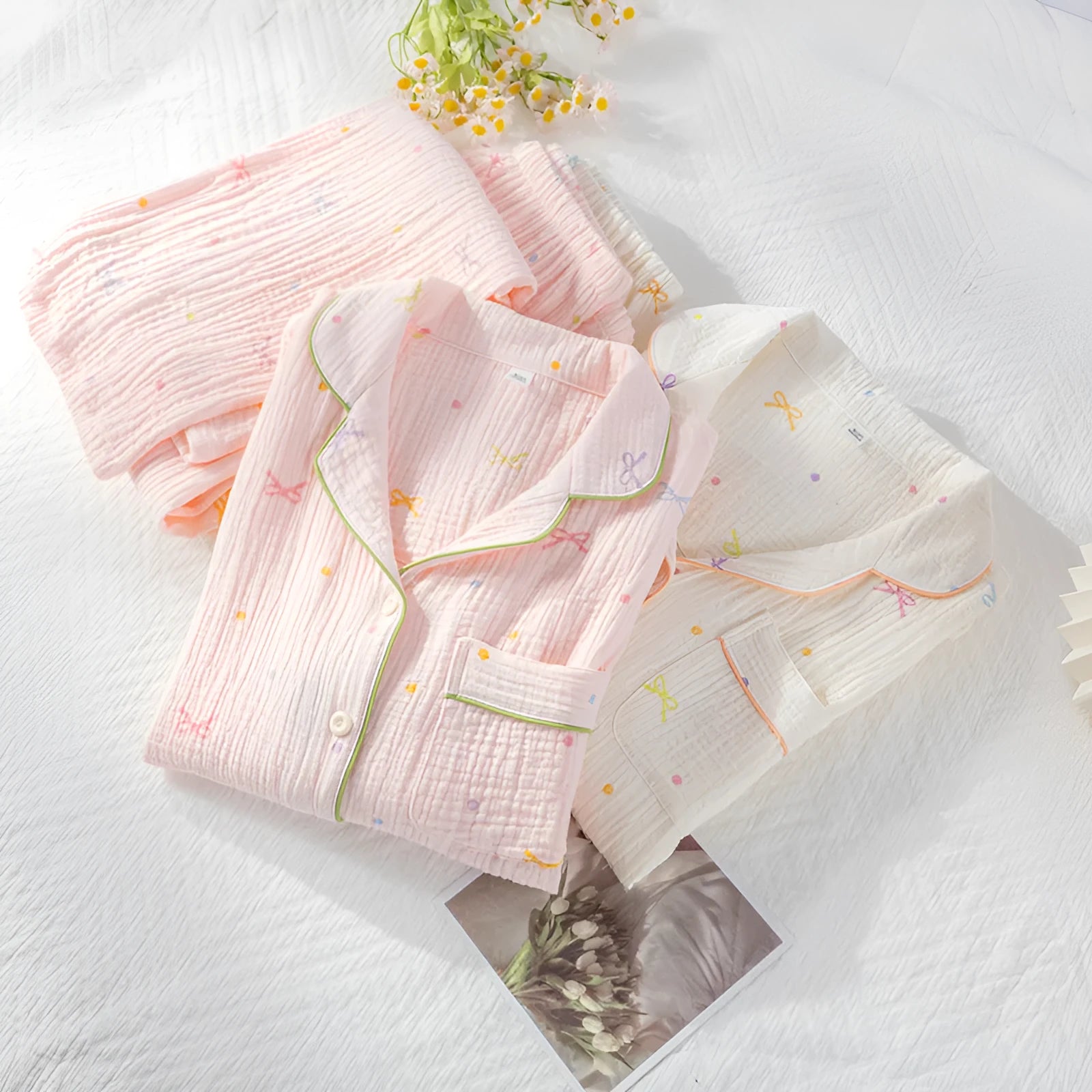 Women's cotton crepe pajama set in pink with long sleeves and full-length trousers
