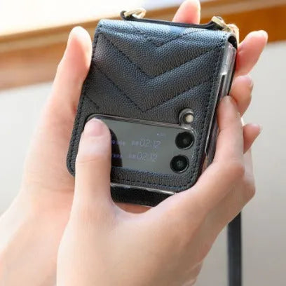 PU leather crossbody wallet phone case for Samsung Z Flip showing detachable strap and card slot