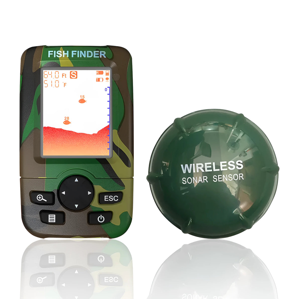Smart wireless fish finder with accurate fish group detection, depth 0.6-73 metres, model options in black, camouflage, red