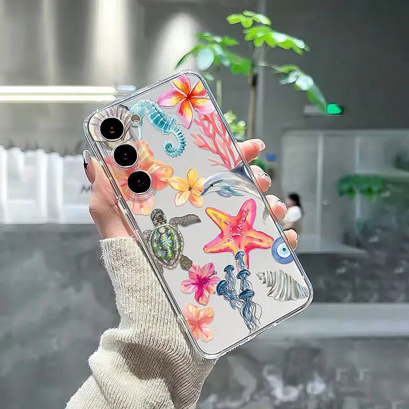 Transparent TPU anti-fall phone case for Apple iPhone with painted turtle and dolphin shell pattern, soft shell design