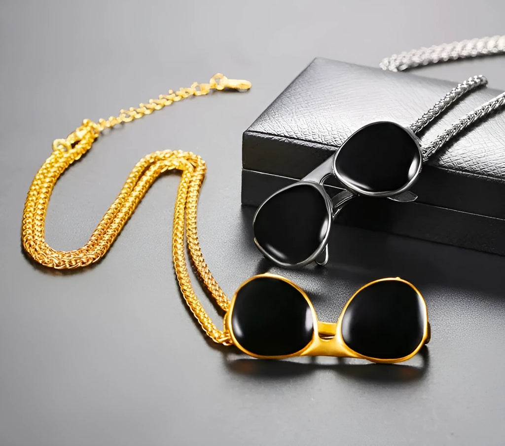 18k gold plated men's sunglass pendant necklace on chain in gold colour made from 316L stainless steel