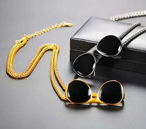 18k gold plated men's sunglass pendant necklace on chain in gold colour made from 316L stainless steel
