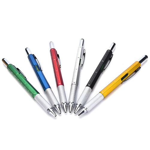 6 in 1 multi-function ballpoint pen with touch screen stylus, screwdriver tips, ruler and spirit level in black plastic