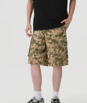 American retro workwear camouflage shorts with polyurethane trim in loose-fit cropped design
