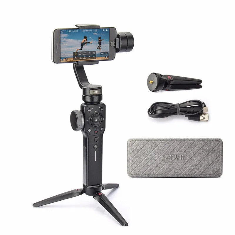 Black handheld smartphone video stabilizer gimbal for mobile phone filming