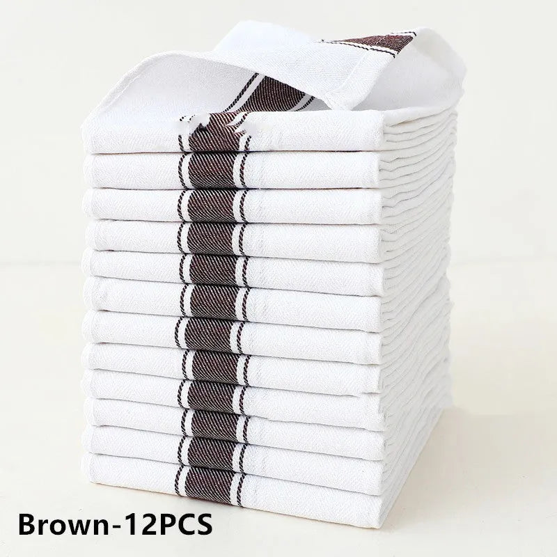 Twelve cotton dishwashing towels with striped pattern measuring 48x70cm in various colour options
