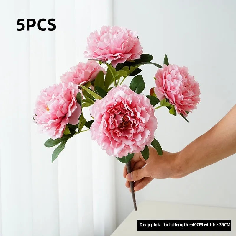 40cm artificial silk peony 5-head bouquet in light champagne colour on white background