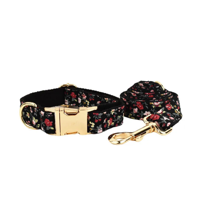 Cloth dog collar set with removable bow, printed lettering, matching leash, and vest in assorted colours