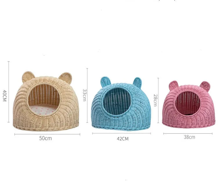 Semi-enclosed hand-knitted imitation rattan cat house with bear ear top in beige