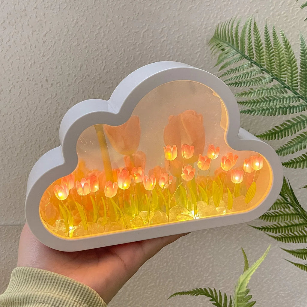 DIY cloud tulip decorative night lamp with LED lights and mirror surface for bedroom or desk