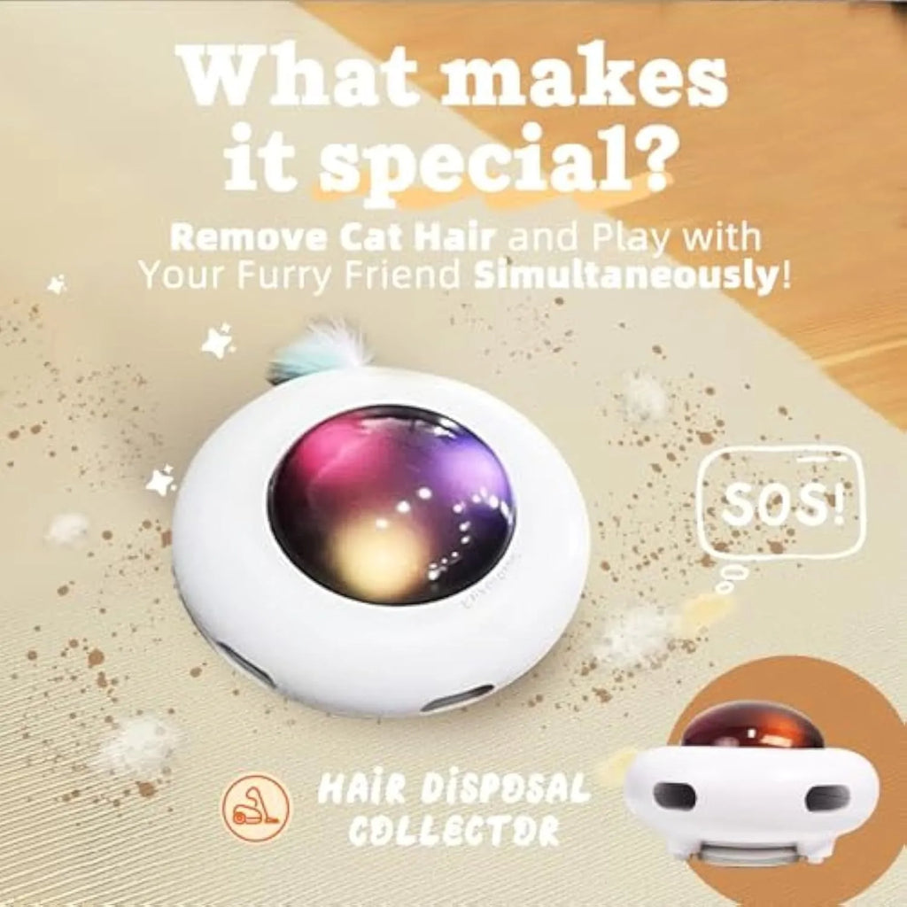 White UFO-shaped automatic cat toy with feathers, LED lights, and a detachable hair-cleaning ring.