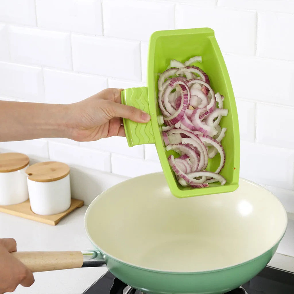 Green multi-function kitchen cutting board with integrated draining basket mounted on sink