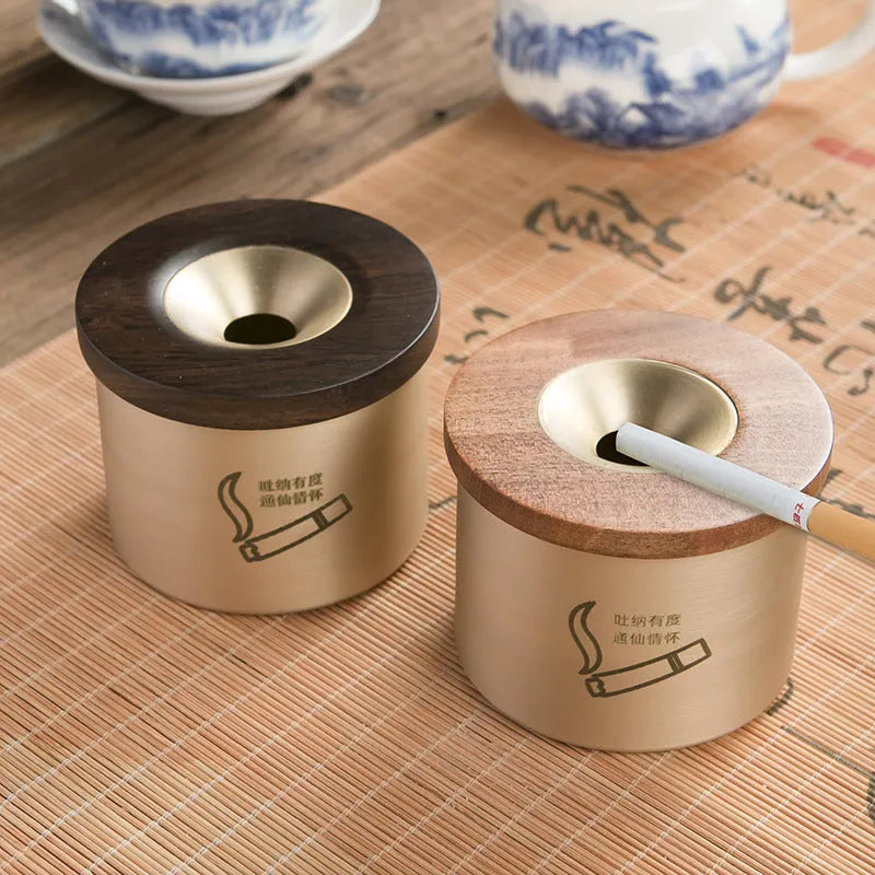 Retro brass ashtray with wooden lid and centre hole, solid copper construction for indoor smoking