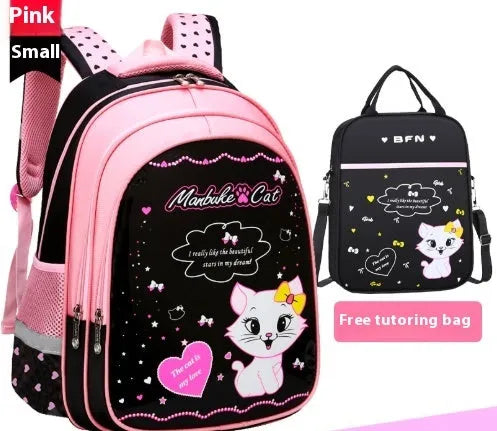 Kids school cute cat print nylon backpack with load-reducing design and computer pocket in pink and black colourway.