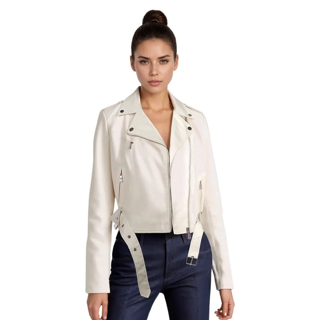 Women's black PU leather motorcycle jacket with lapel belt, on a hanger.