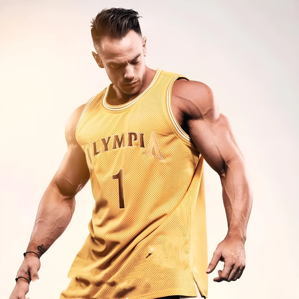 Breathable sleeveless polyester gym training top in yellow flower colour on model