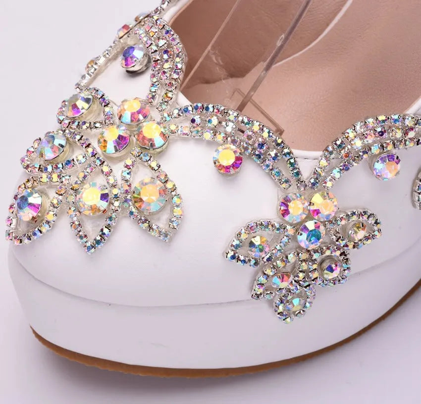 Rhinestone high heel shoes for women, super high stiletto heel, white diamond finish, PU sole