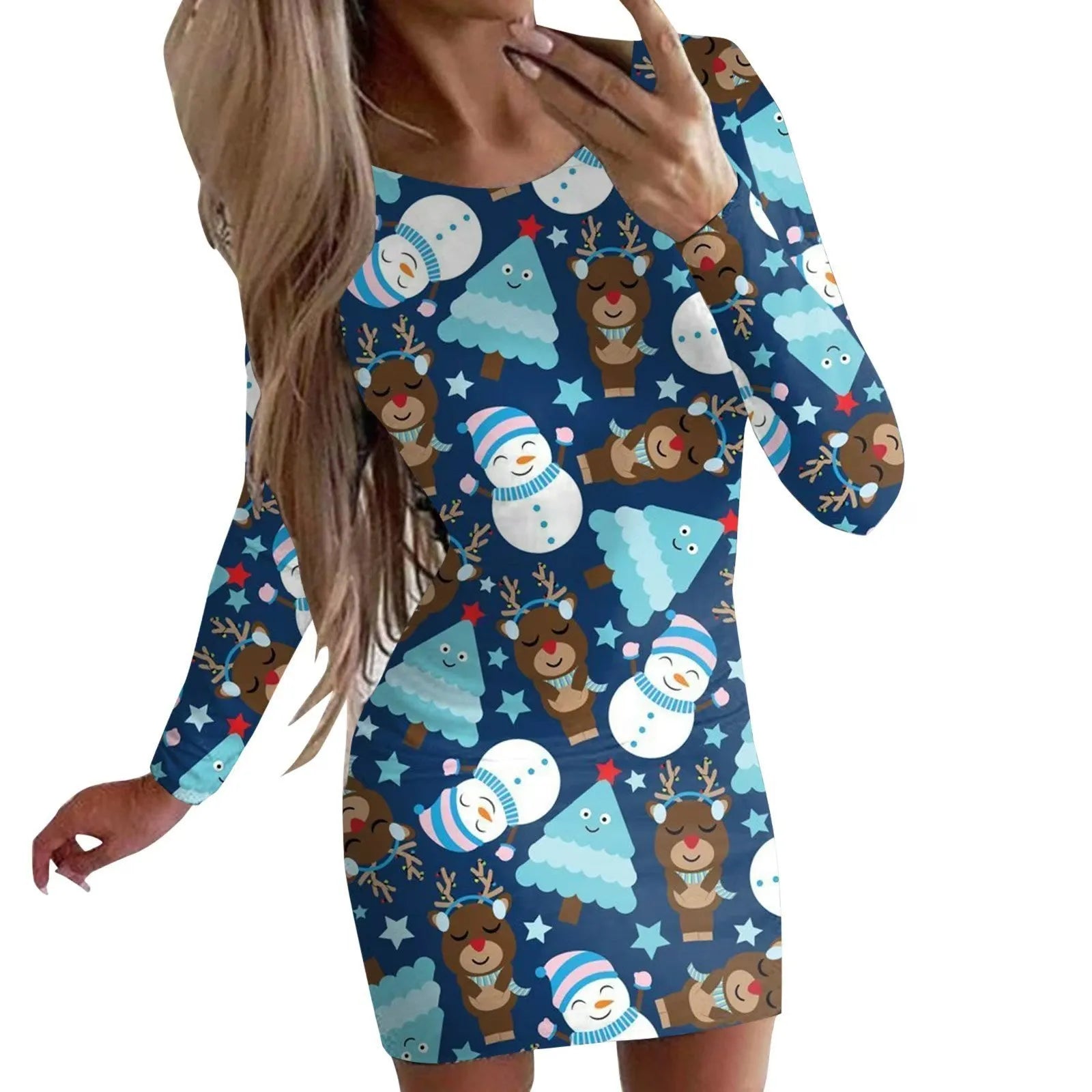 Christmas printed round neck long sleeve narrow dress with animal pattern and colourful flower design