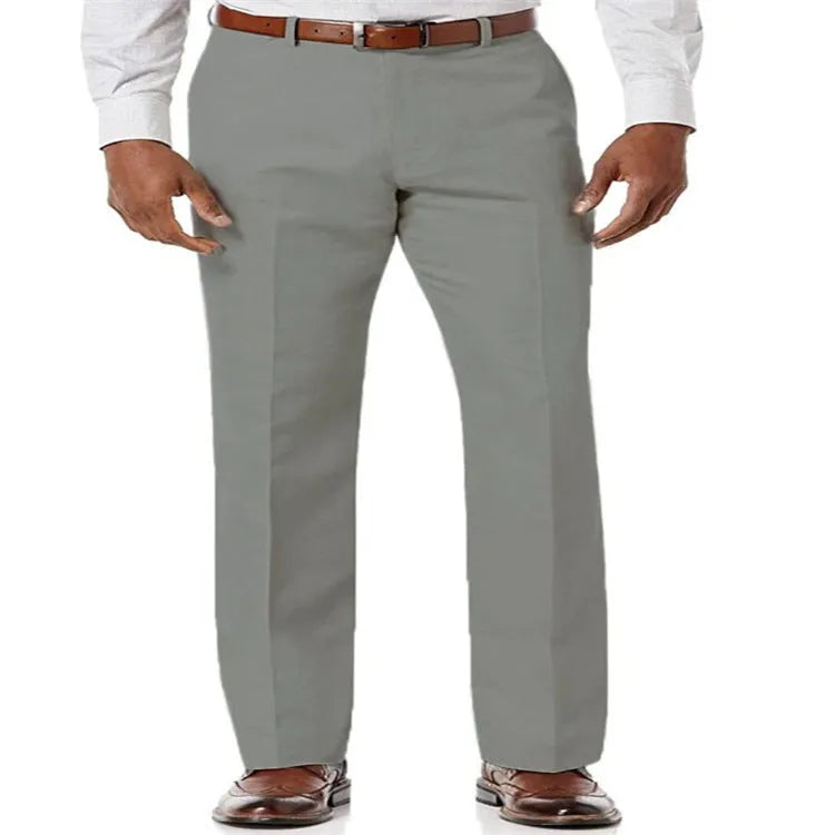Men's beige white linen-cotton blend casual trousers with slant pockets, laid flat.