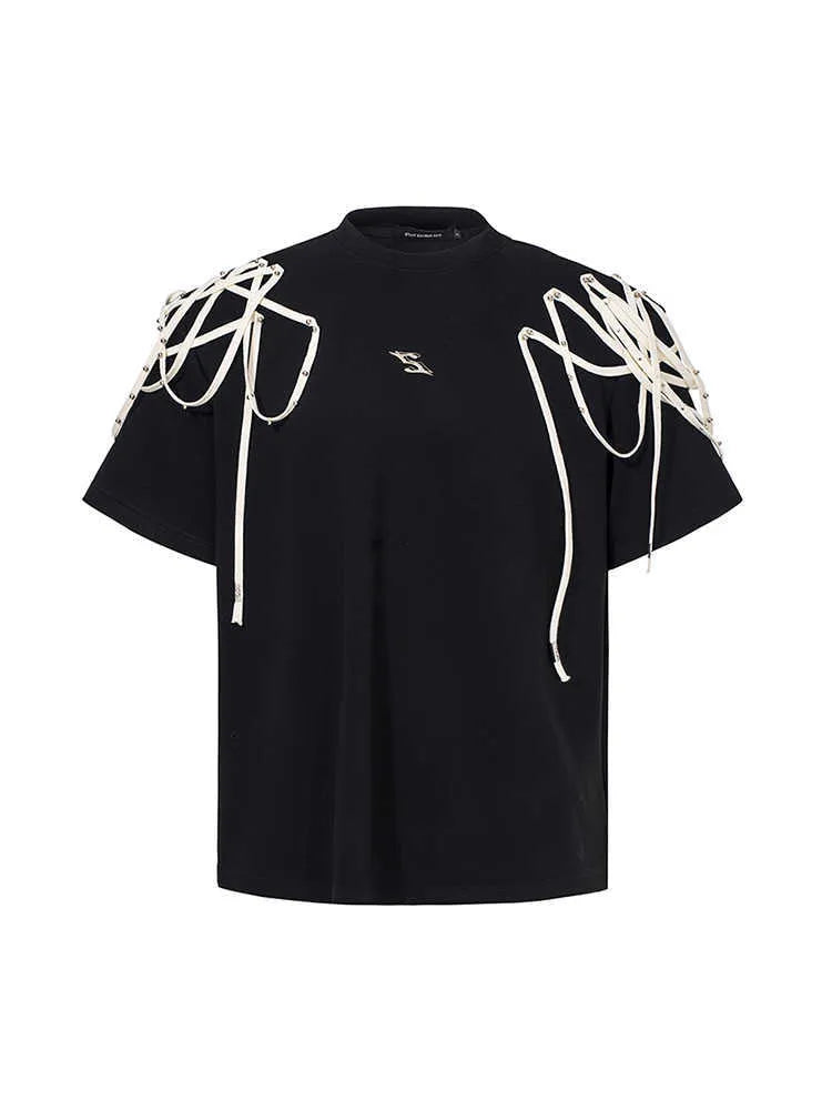 Black loose fit T-shirt with rivet ribbon padded shoulder detailing and short sleeves