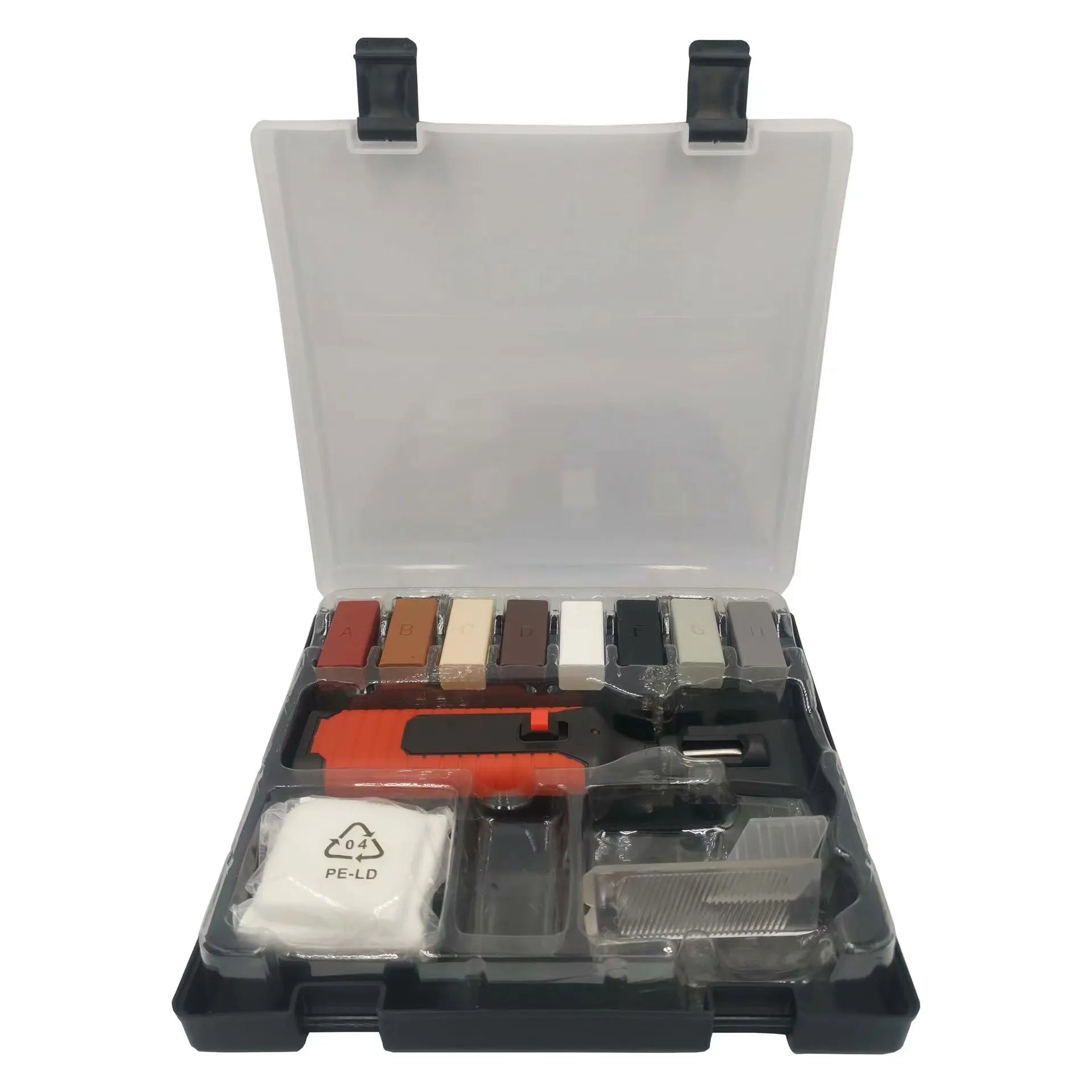 Floor repair kit with wax sticks and manual tools for DIY tile restoration