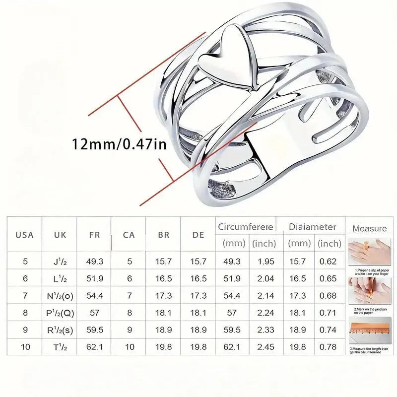 Heart French Simplicity Hollow Line Ring in silver colour, unisex copper geometric double love ring