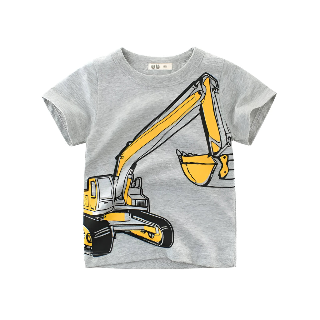 Korean-style children's cotton t-shirt with cartoon print in flower ash colour, showing round neck and short sleeves.