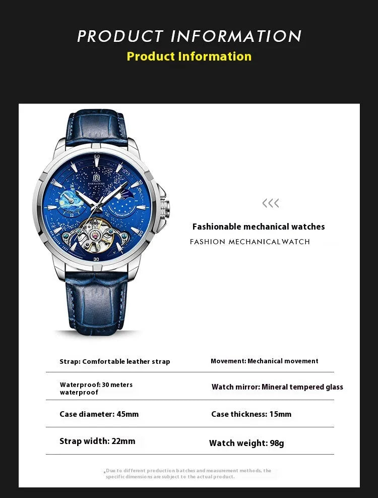 Men's blue dial automatic mechanical watch with day date display on stainless steel band