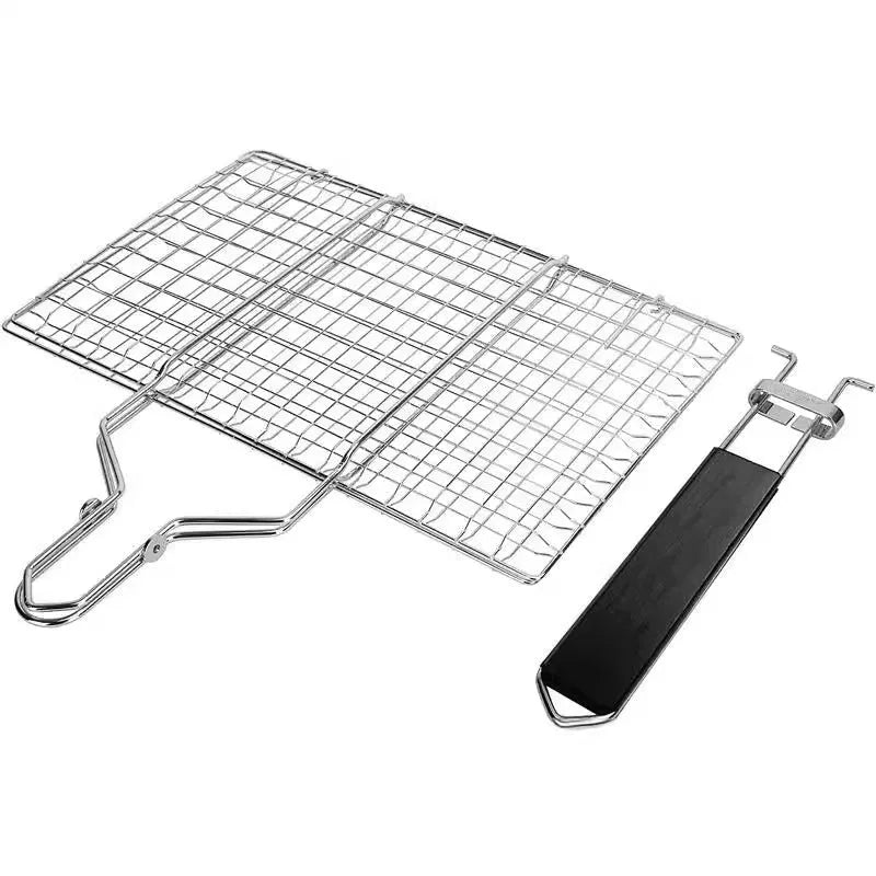 Square stainless steel barbecue mesh basket with folding handle and cleaning brush for outdoor grilling