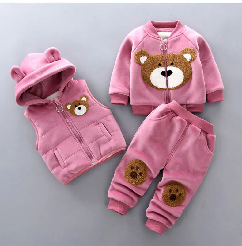 Children's thick three-piece cotton suit in bear blue with top, trousers and extra piece for toddlers aged 0-4 years