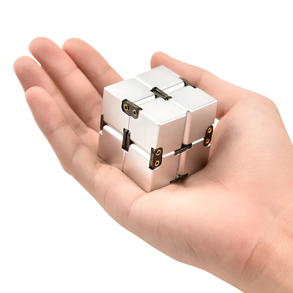 Black zinc alloy infinity cube fidget toy showing eight connected cubes.