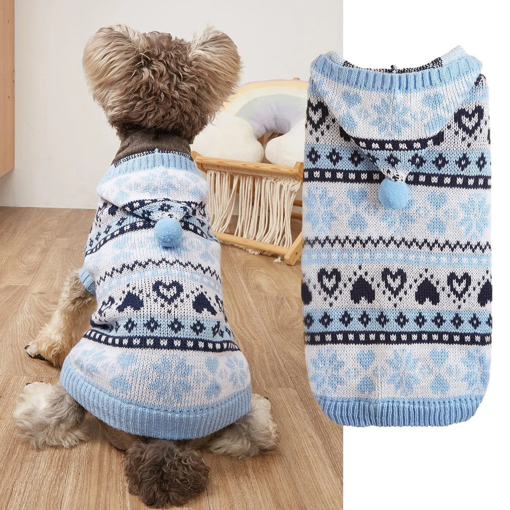 Knitted acrylic dog sweater with striped camouflage pattern in pink, blue, or grey for small breeds