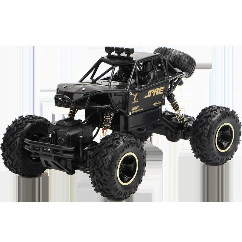 Large black 4WD remote control climbing car and smaller silver high-speed model with 2.4G remote.