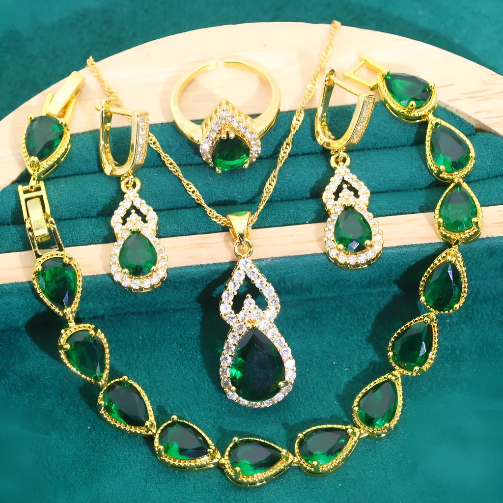 Bridal jewellery set copper inlaid zircon retro design green colour earrings ring necklace bracelet