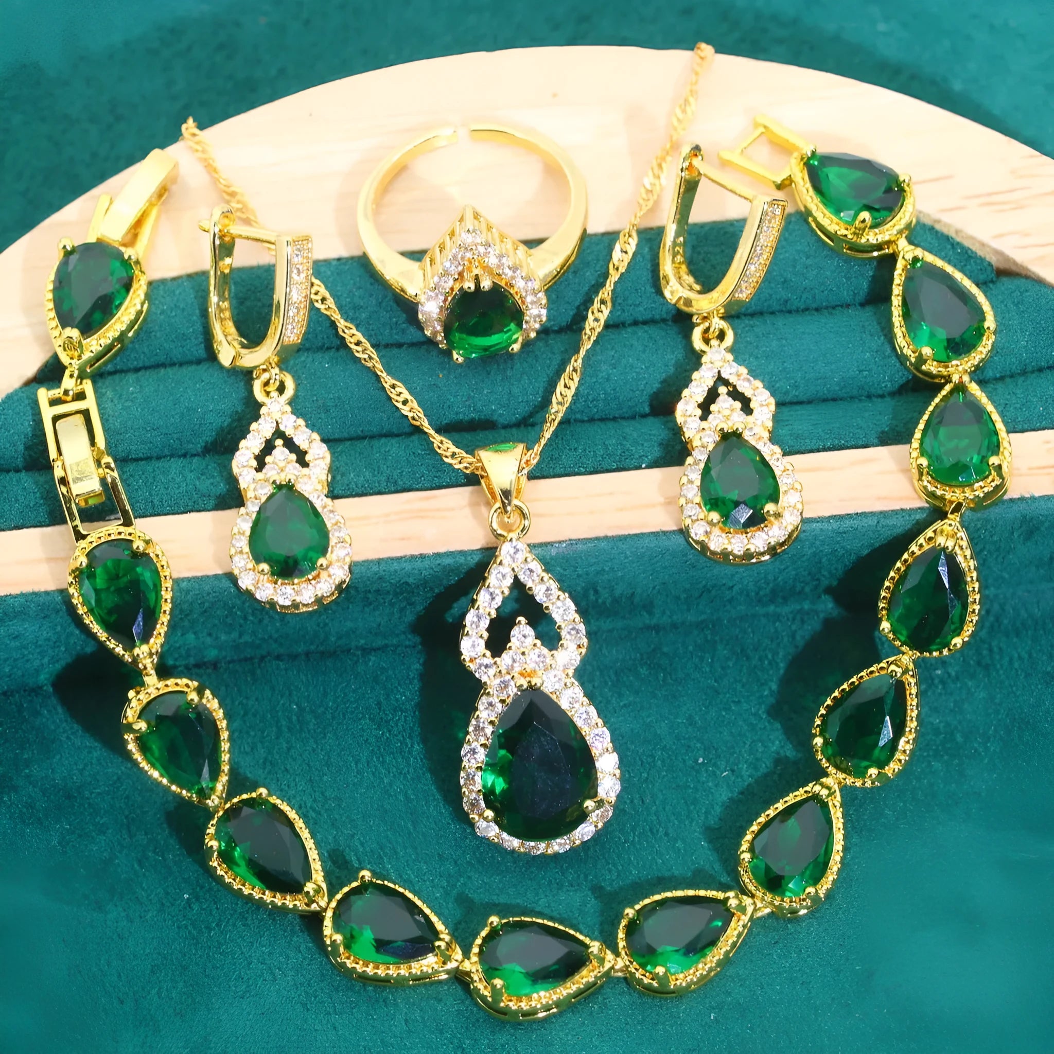 Bridal jewellery set copper inlaid zircon retro design green colour earrings ring necklace bracelet