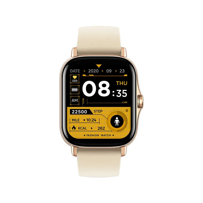 GT20 black smartwatch with alloy case and silicone strap showing heart rate monitoring on screen
