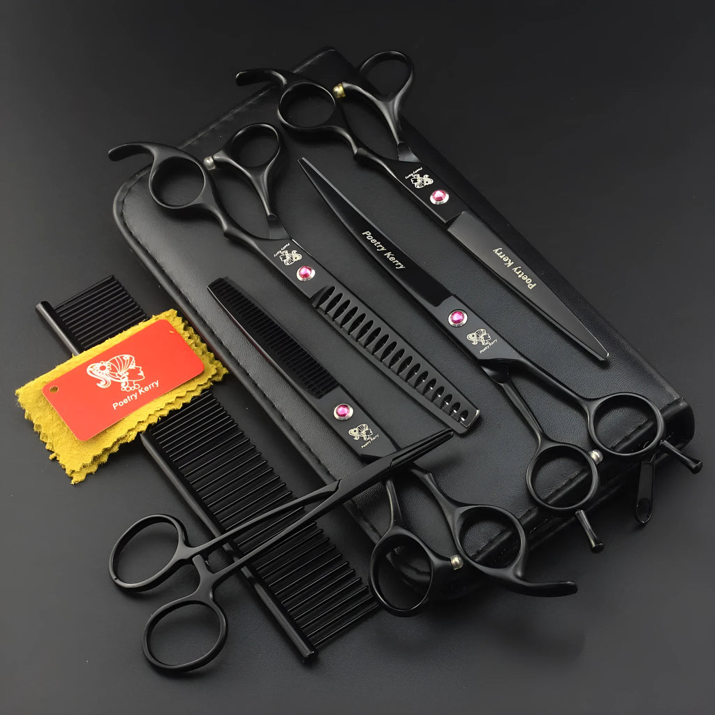 Six-piece black stainless steel pet grooming scissors set containing straight, curved, dense teeth, fishbone teeth scissors, comb, and haemostatic forceps